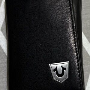 True Religion Black Leather tri fold wallet
